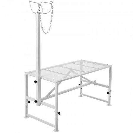 Goat & Sheep Stand, 47x23 inch Livestock Stand, Metal Livestock Milking and Shearing Stand 21" to 33" Adjustable Height, with Headpiece and Nose Loop, 500lbs Loading Weight, White