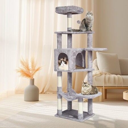 Cat Tree 154 cm Cat Tower with Cat Condo Sisal Scratching Post Light Grey