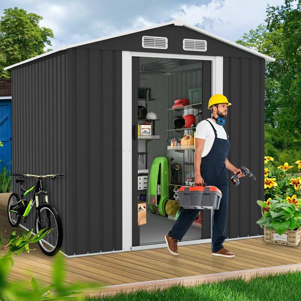 Garden Storage Shed Outdoor Backyard Tool Garage Bike Utility Lockable House Dog Pet Cat Exterior Shelter Home Tilted Roof Galvanised Metal Plastic