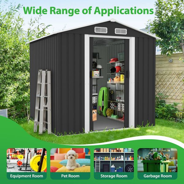 Garden Storage Shed Outdoor Backyard Tool Garage Bike Utility Lockable House Dog Pet Cat Exterior Shelter Home Tilted Roof Galvanised Metal Plastic