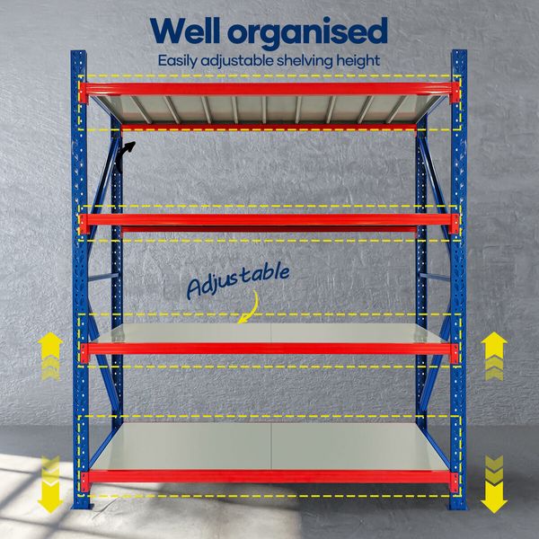 Luxsuite Shelving Garage Warehouse Rack Pallet Racking Storage Shelves 2x2m Adjustable 4 Tier Unit Metal Shelf Organiser for Home Office Kitchen