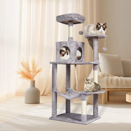 Cat Tree 143 cm Cat Tower with Cat Condo Sisal Scratching Post Light Grey