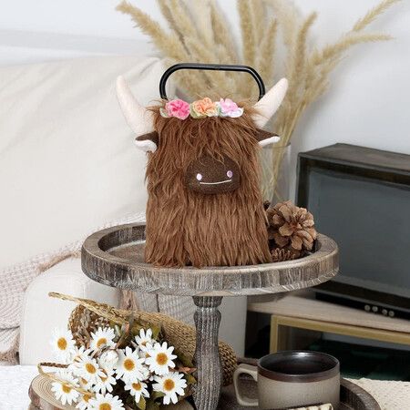 Highland Cow Gnomes with Flowers, Brown Scottish Tomte Doll Decor, Farmhouse Nordic Dwarf Home Decoration,Brown