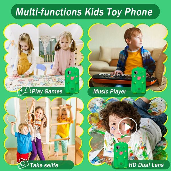 Kids Fake Phone 4800 pixel Digital Camera Toy Girls Boys MP3 Music Player Dual Camera with 32G card Christmas Gifts Dino Col. Green