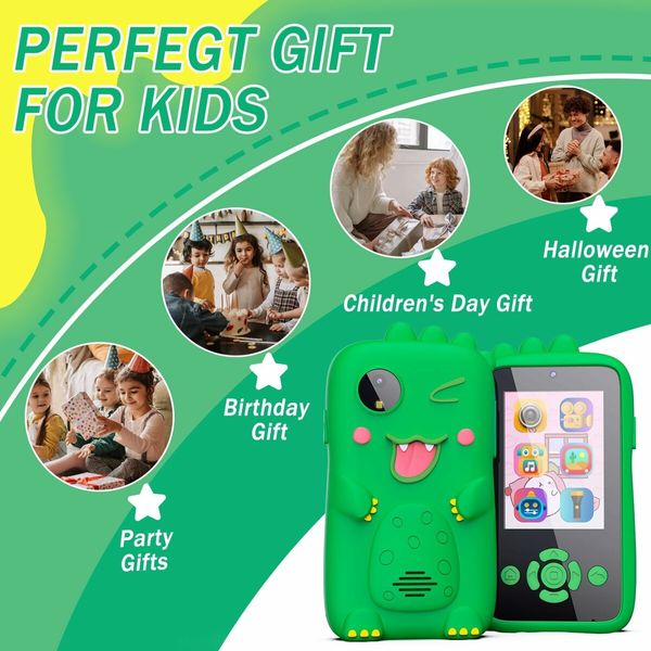 Kids Fake Phone 4800 pixel Digital Camera Toy Girls Boys MP3 Music Player Dual Camera with 32G card Christmas Gifts Dino Col. Green