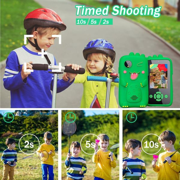 Kids Fake Phone 4800 pixel Digital Camera Toy Girls Boys MP3 Music Player Dual Camera with 32G card Christmas Gifts Dino Col. Green