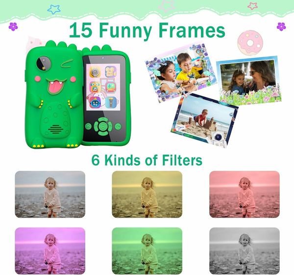 Kids Fake Phone 4800 pixel Digital Camera Toy Girls Boys MP3 Music Player Dual Camera with 32G card Christmas Gifts Dino Col. Green