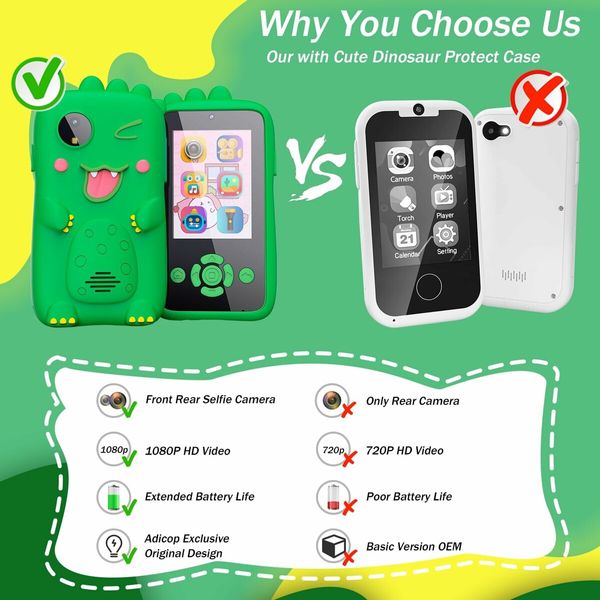 Kids Fake Phone 4800 pixel Digital Camera Toy Girls Boys MP3 Music Player Dual Camera with 32G card Christmas Gifts Dino Col. Green