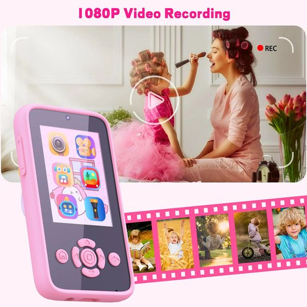 Kids Fake Phone 4800 pixel Digital Camera Toy Girls Boys MP3 Music Player Dual Camera with 32G card Unicorn Christmas Gifts Col. Pink