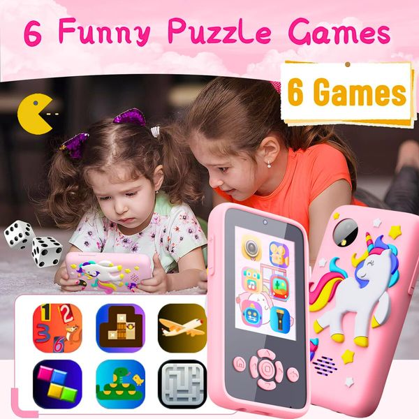 Kids Fake Phone 4800 pixel Digital Camera Toy Girls Boys MP3 Music Player Dual Camera with 32G card Unicorn Christmas Gifts Col. Pink