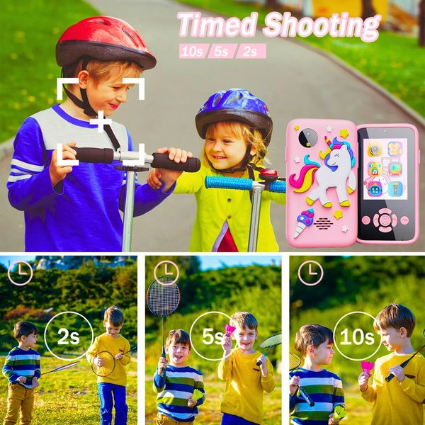 Kids Fake Phone 4800 pixel Digital Camera Toy Girls Boys MP3 Music Player Dual Camera with 32G card Unicorn Christmas Gifts Col. Pink