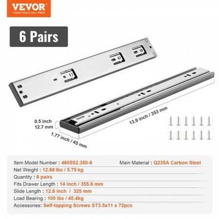 6 Pairs of 355.6mm Drawer Slides Side Mount Rails, Heavy Duty Full Extension Steel Track, Soft-Close Noiseless Guide Glides Cabinet Kitchen Runners with Ball Bearing, 100 Lbs Load Capacity