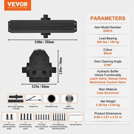 Door Closer, Automatic Door Closer Commercial or Residential Use for Door Weights 120 kg, Adjustable Size Hydraulic Buffer Door Closers Heavy Duty Cast Aluminum Body, Easy Install, Black