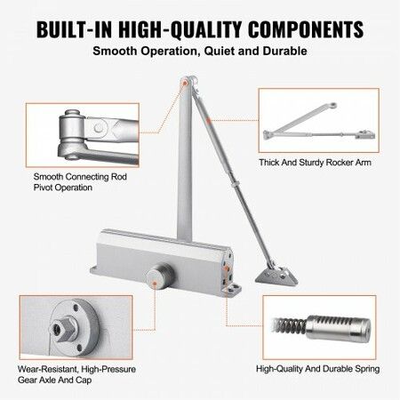 Door Closer, Automatic Door Closer Commercial or Residential Use for Door Weights 120 kg, Adjustable Size Hydraulic Buffer Door Closers Heavy Duty Cast Aluminum Body, Easy Install, Silver