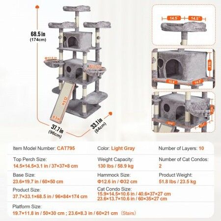 Cat Tree 174 cm Cat Tower for Indoor Cats with Cat Condos Scratching Post