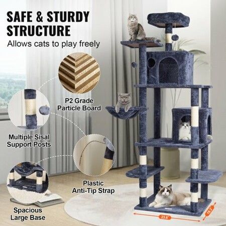 Cat Tree 174 cm Cat Tower with Cat Condos Sisal Scratching Post Dark Grey