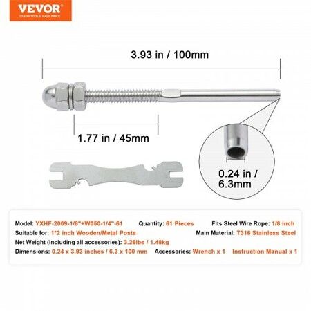 61 Pack Cable Railing Swage Threaded Stud Tension End Fitting Terminal for 3.2mm Deck Cable Railing, T316 Stainless Steel, Cable Railing Tensioner 3.2mm for Wood/Metal Post, Silver