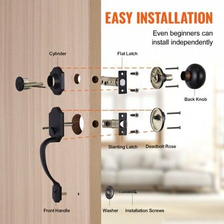 Front Door Handle and Deadbolt Set, Matte Black Front Door Lock Set with Interior Knob, Single Cylinder Handleset Adjustable Hole Spacing, for Right and Left Handed Entrance and Front Door