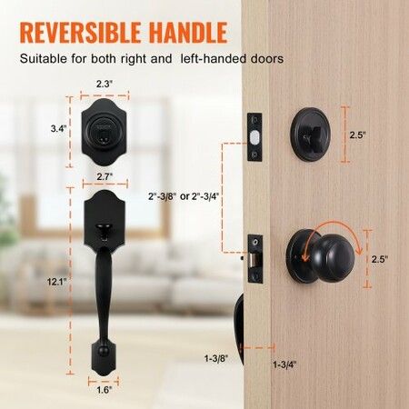 Front Door Handle and Deadbolt Set, Matte Black Front Door Lock Set with Interior Knob, Single Cylinder Handleset Adjustable Hole Spacing, for Right and Left Handed Entrance and Front Door