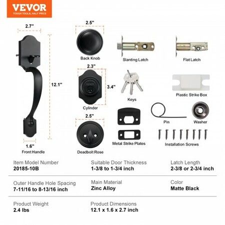 Front Door Handle and Deadbolt Set, Matte Black Front Door Lock Set with Interior Knob, Single Cylinder Handleset Adjustable Hole Spacing, for Right and Left Handed Entrance and Front Door