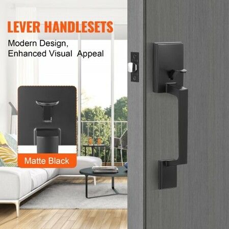 Entry Door Handle, Matte Black Square Handle Set with Lever Door Handle No Lock, Adjustable Hole Space, Front Door Handle with Reversible for Right and Left Handed Entrance and Front Door