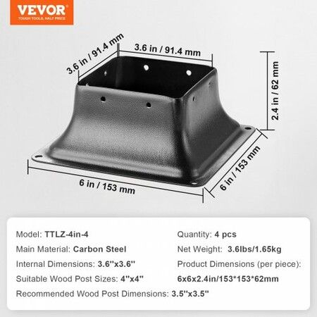 101.6x101.6mm Post Base 4Pcs, Internal 91x91mm Heavy Duty Powder-Coated Steel Post Bracket Fit for Standard Wood Post Anchor, Decking Post Base for Deck Porch Handrail Railing Support