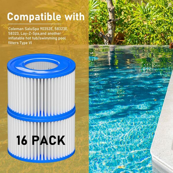 Type Ⅵ Hot Tub Spa Filter Replacement Compatible with Lay-Z-Spa,Coleman SaluSpa 90352E 58323,Inflatable Hot Tub,Swimming Pool Pump Filter Type Ⅵ Cartridge,16 Pack