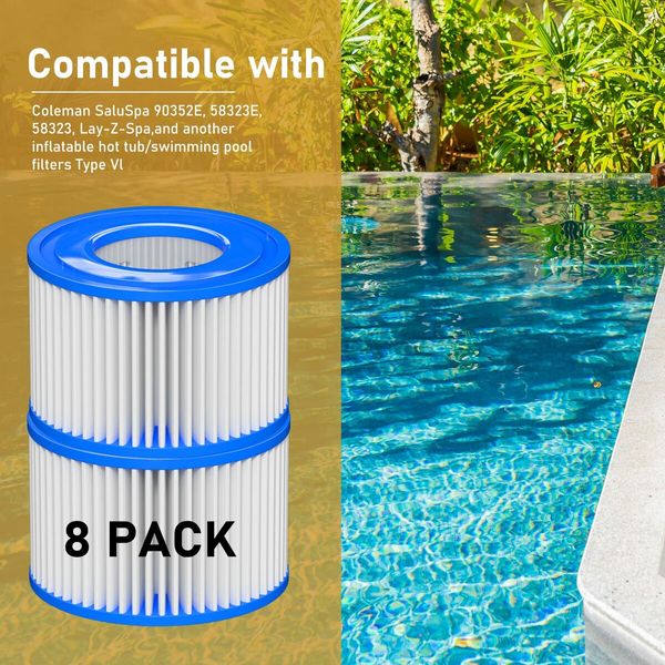 Type Ⅵ Hot Tub Spa Filter Replacement Compatible with Lay-Z-Spa,Coleman SaluSpa 90352E 58323,Inflatable Hot Tub,Swimming Pool Pump Filter Type Ⅵ Cartridge,8 Pack