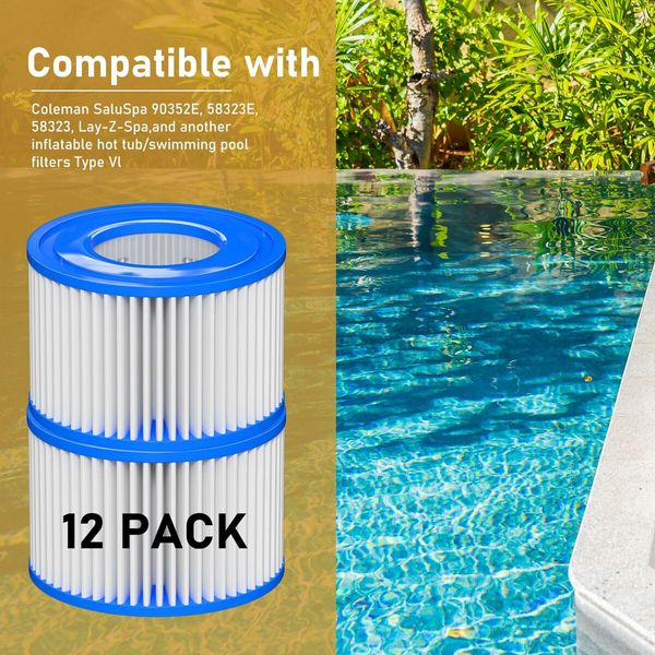 Type Ⅵ Hot Tub Spa Filter Replacement Compatible with Lay-Z-Spa,Coleman SaluSpa 90352E 58323,Inflatable Hot Tub,Swimming Pool Pump Filter Type Ⅵ Cartridge,12 Pack