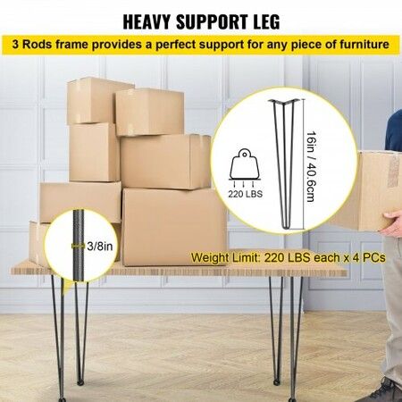 Hairpin Table Legs 16 inch, Set of 4 DIY Desk Table Legs 3 Rods Heavy Duty