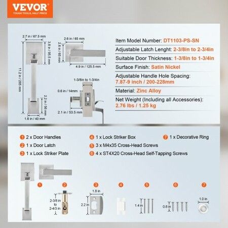 Entry Door Handle, Satin Nickel Square Handle Set with Lever Door Handle No Lock, Adjustable Hole Space, Front Door Handle with Reversible for Right and Left Handed Entrance and Front Door