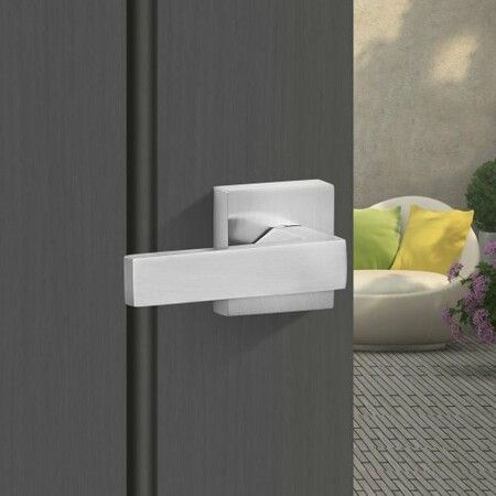 Entry Door Handle, Satin Nickel Square Handle Set with Lever Door Handle No Lock, Adjustable Hole Space, Front Door Handle with Reversible for Right and Left Handed Entrance and Front Door