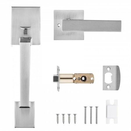 Entry Door Handle, Satin Nickel Square Handle Set with Lever Door Handle No Lock, Adjustable Hole Space, Front Door Handle with Reversible for Right and Left Handed Entrance and Front Door