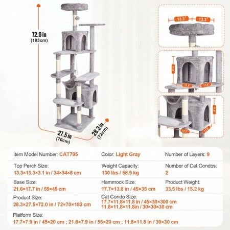 Cat Tree 183 cm Cat Tower with 2 Cat Condos Scratching Post Light Grey