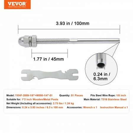 51 Pack Cable Railing Swage Threaded Stud Tension End Fitting Terminal for 3.2mm Deck Cable Railing, T316 Stainless Steel, Cable Railing Tensioner 3.2mm for Wood/Metal Post, Silver