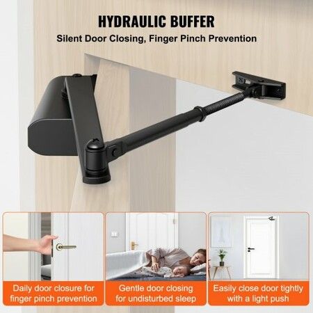 Door Closer, Automatic Door Closer Commercial or Residential Use for Door Weights 85 kg, Adjustable Size Hydraulic Buffer Door Closers Heavy Duty Cast Aluminum Body, Easy Install, Black