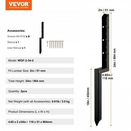 Fence Post Anchor Repair Kit 2 Pack Inner 2鈥?x2鈥?Support Stakes Spike