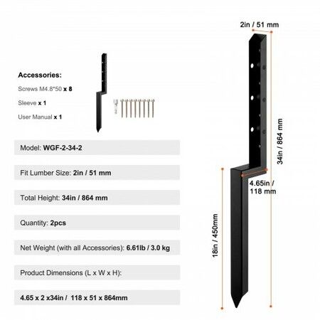 Fence Post Anchor Repair Kit 2 Pack Inner 2鈥?x2鈥?Support Stakes Spike