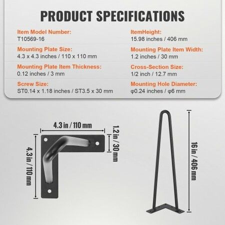 406.4MM Hairpin Furniture Legs, Metal Home DIY Projects for Nightstand, Coffee Table, Desk, 226.8KG Load Capacity with Rubber Floor Protectors, Metal Heavy Duty Sturdy Modern Table Legs, 4PCS