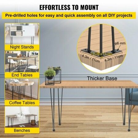 Hairpin Table Legs 24 inch, Set of 4 DIY Desk Table Legs 3 Rods Heavy Duty