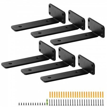 Shelf Bracket, 16cmL x 10cmW x 4.5cmH 6 Pcs, Heavy Duty Floating Shelf Brackets, Brackets for Shelves, 5mm Thick Matte Black L Shelf Bracket,Steel Shelving Brackets with 72.6 kg Load Capacity