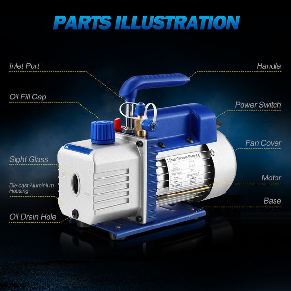 3CFM Vacuum Pump 1 Stage 220V for Refrigerant Air Conditioning AC Conditioner HVAC Refrigeration Food Clothes Packaging Car Maintenance Wine Degassing