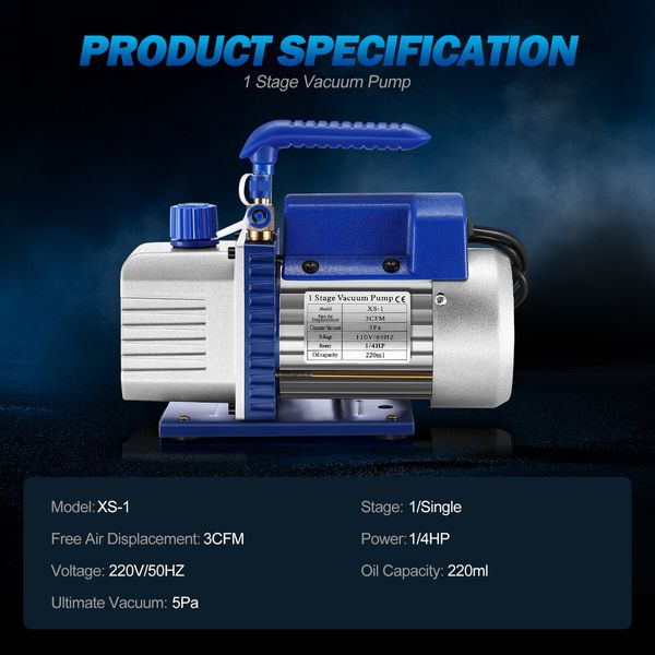 3CFM Vacuum Pump 1 Stage 220V for Refrigerant Air Conditioning AC Conditioner HVAC Refrigeration Food Clothes Packaging Car Maintenance Wine Degassing