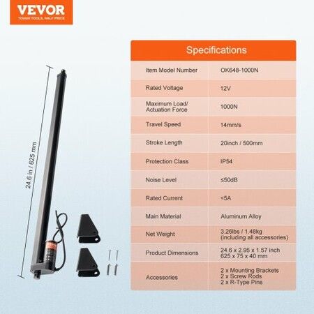 Linear Actuator 12V, 20 Inch High Speed 0.55"/s Linear Actuator, 220lbs/1000N Linear Motion Actuator with Mounting Bracket and IP54 Protection