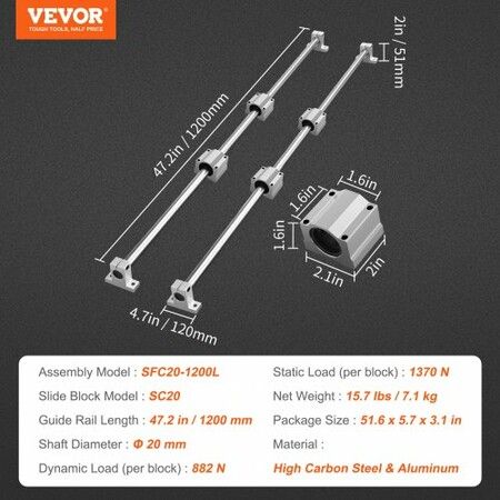 Linear Guide Rail Set, SFC20 1200mm, 2 PCS 39.4 in/1000 mm SFC20 Guide Rails 4 PCS SC20 Slide Blocks 4 PCS Rail Supports, Linear Rails and Bearings Kit for Automated Machines CNC DIY Project