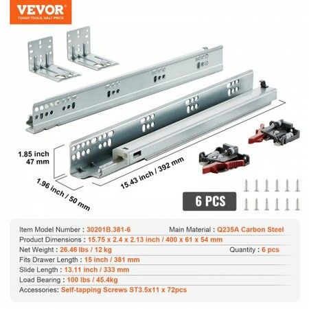 6 Pairs of 381mm Drawer Bottom Side Mount Rails, Heavy Duty Full Ball Bearing Extension Steel Track, Soft-Close Noiseless Guide Glides Cabinet Kitchen Runners with Locking Mechanism, 100 Lbs