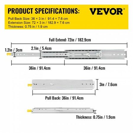 Drawer Slides with Lock, 1 Pair 36 inch, Heavy-Duty Industrial Steel up to 500 lbs Capacity, 3-Fold Full Extension, Ball Bearing Lock-in & Lock-Out, Side Mount