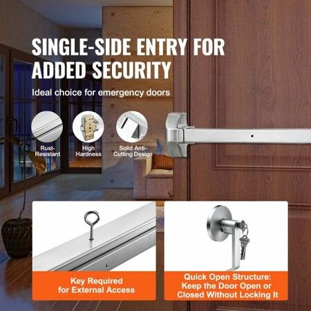 Push Bar Door Locks, Stainless Steel Panic Bars for Exit Doors, with Exterior Lever and 3 Keys, Push Bar Panic Exit Device Door Hardware for Metal Wood Door, for Left and Right Handed Doors