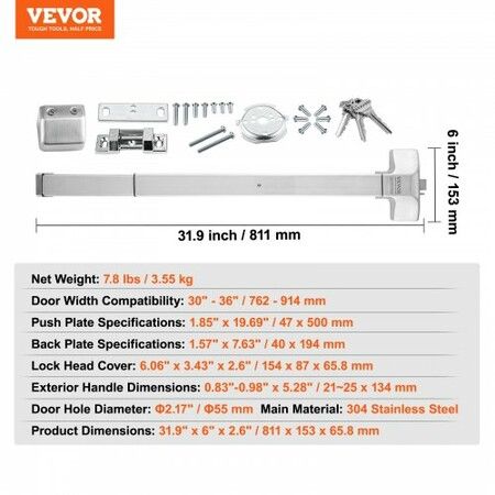 Push Bar Door Locks, Stainless Steel Panic Bars for Exit Doors, with Exterior Lever and 3 Keys, Push Bar Panic Exit Device Door Hardware for Metal Wood Door, for Left and Right Handed Doors