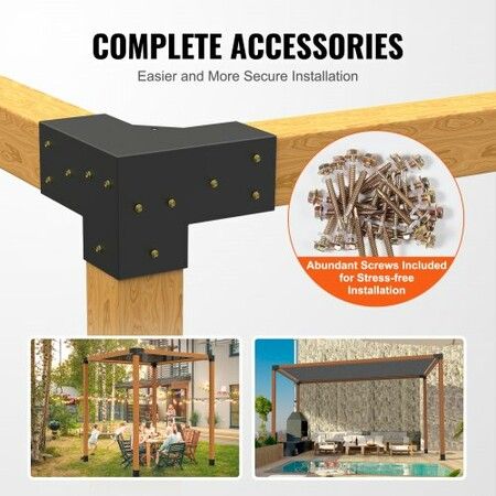 Pergola Bracket Kit 101x101mm, 4pcs 3-Way Heavy Duty Corner Bracket Woodworks DIY Post Base Kit, Easy Installation Wooden Beams for Gazebos, Patio Pergolas, Log Cabin Outdoor Pergola Hardware